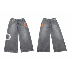 Davoucci Y2K Wide Leg Baggy Jeans Black Gray Wash Graphic Denim Mens 40x33